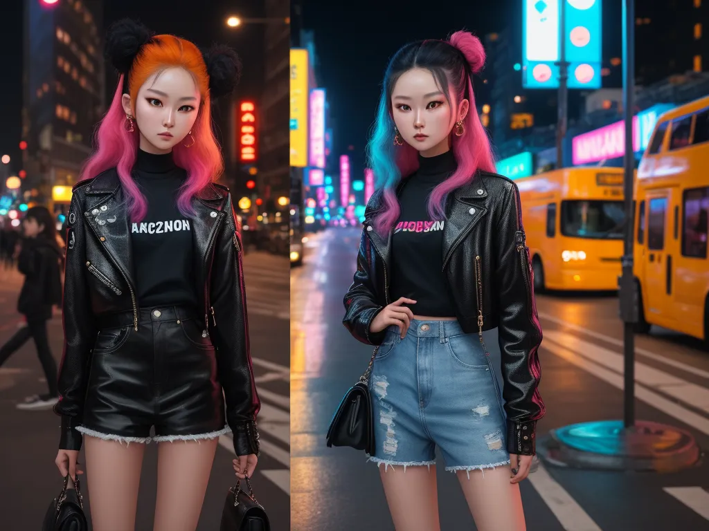 two photos of a woman with pink hair and black leather jacket and shorts on a city street at night, by Sailor Moon