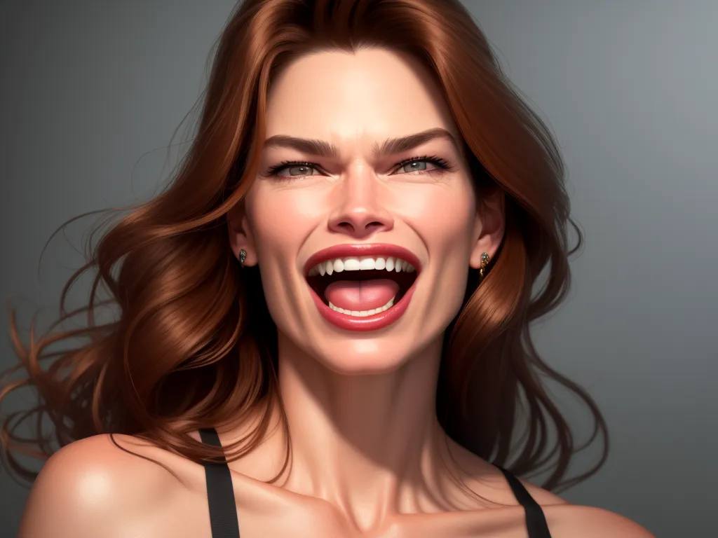 increase resolution of photo - a woman with a smile on her face and hair blowing in the wind, with her eyes closed and her mouth open, by Jeff Simpson