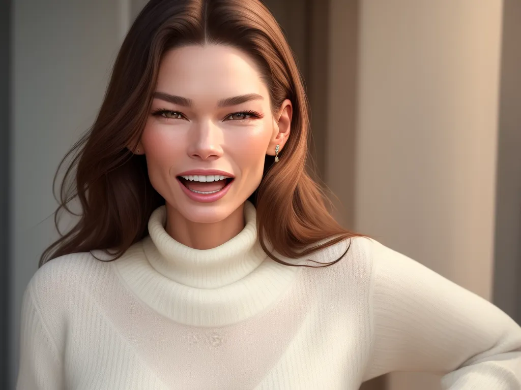 convert photo to 4k - a woman with a white sweater and a smile on her face and a white sweater on her shoulders and a white sweater on her shoulders, by Hendrik van Steenwijk I