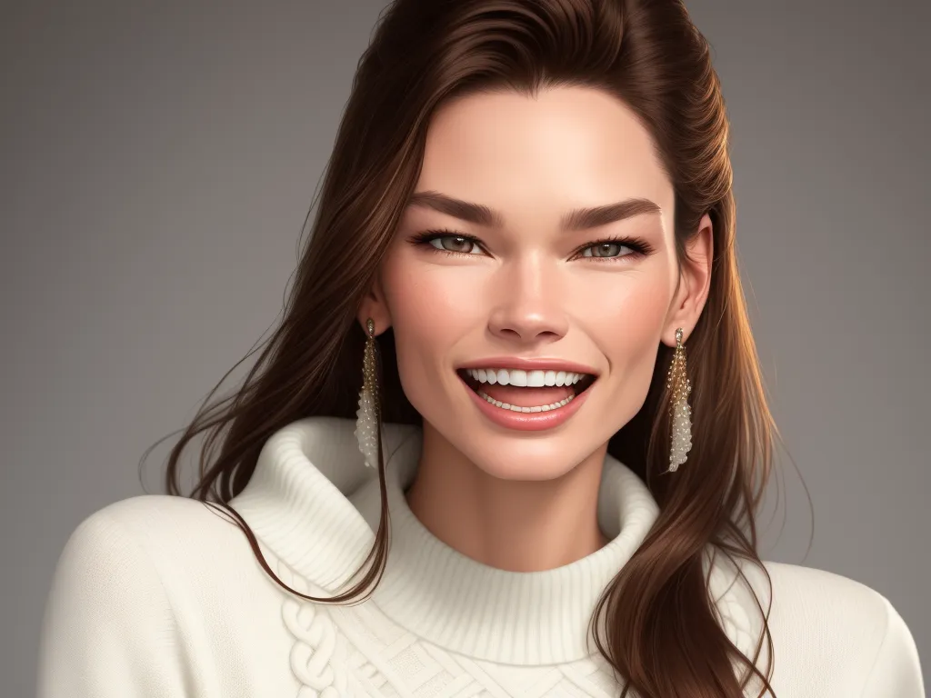 a woman with long hair wearing a white sweater and earrings smiling at the camera with a smile on her face, by Emily Murray Paterson