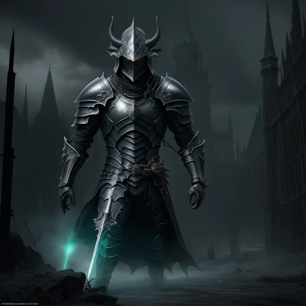 a man in a dark knight costume holding a green light saber in his hand and a castle in the background, by Kentaro Miura
