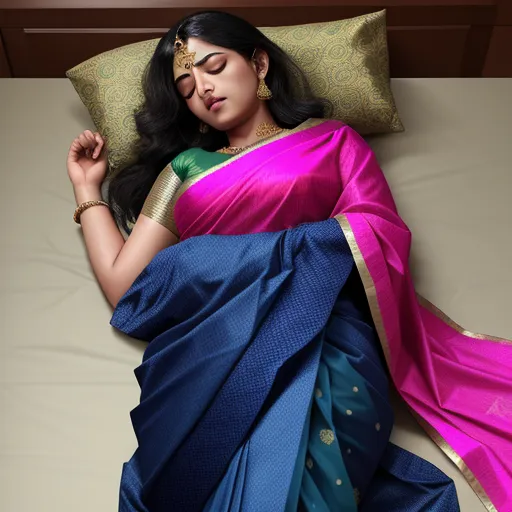 ai generate image - a woman laying on a bed with a pink and blue sari on her stomach and a gold and green pillow, by Raja Ravi Varma