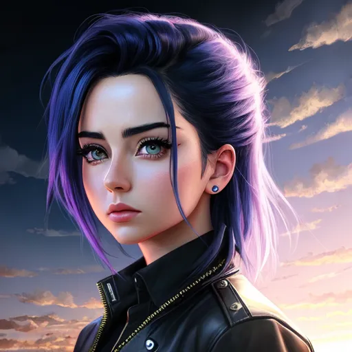 high resolution images - a woman with purple hair and piercings standing in front of a sunset with clouds and a sky background, by Daniela Uhlig