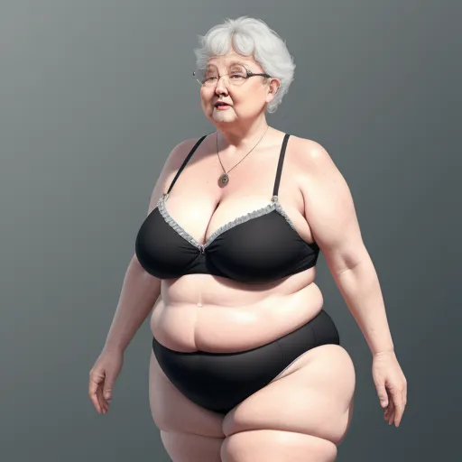 a woman in a black bikini top and glasses is standing in front of a gray background with a large belly, by Adam Martinakis