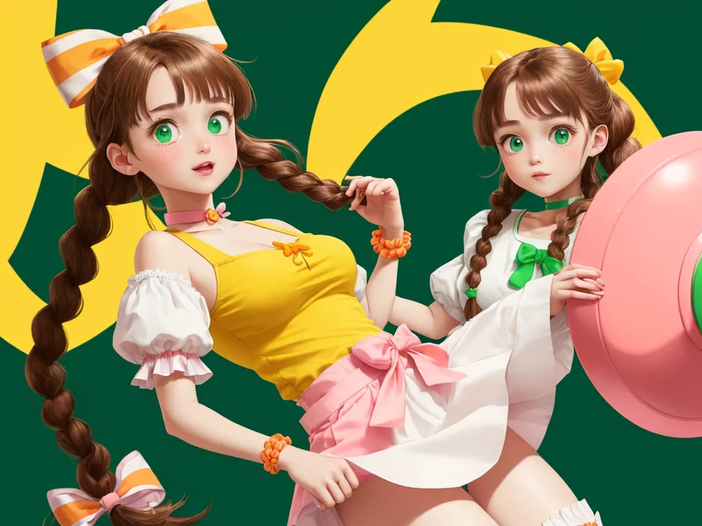 creating images with ai - two girls in dresses and hats are holding a large object in front of a green background with a yellow and white sign, by Hanabusa Itchō