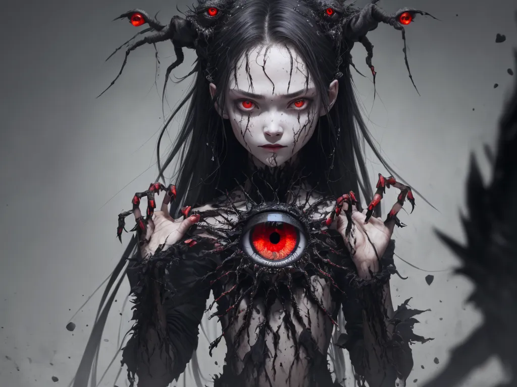 a woman with red eyes and black hair holding a red eyeball in her hands with a black bird on her shoulder, by Ryohei Hase