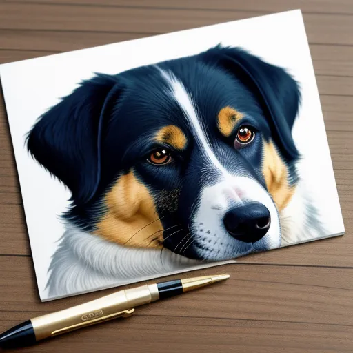 a dog's face is shown on a card with a pen next to it on a table with a wooden surface, by Emily Murray Paterson