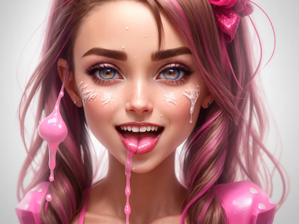 convert to high resolution - a girl with pink hair and pink makeup has pink flowers in her hair and is dripping water from her mouth, by Daniela Uhlig