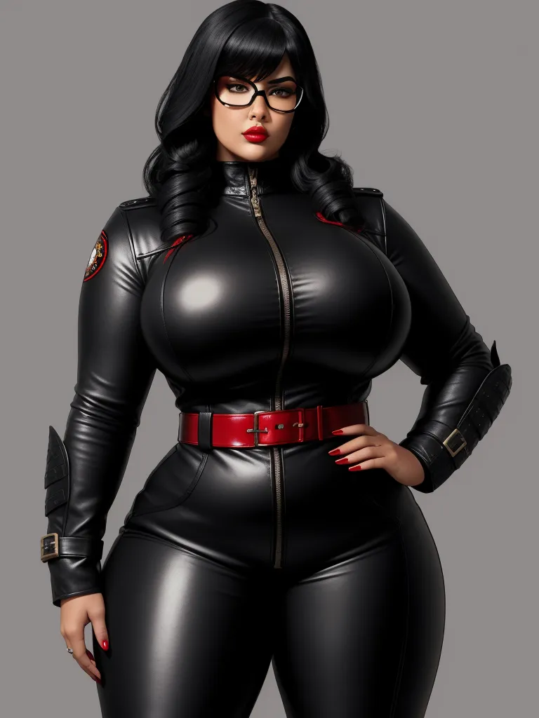 a woman in a black leather outfit with glasses and a red belt is posing for a picture in a black leather outfit, by Akira Toriyama