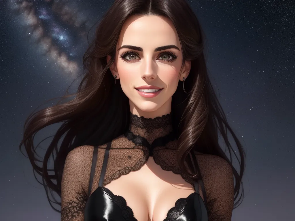 high resolution images - a woman in a black bra and a black bra top with a black lace collar and a star filled sky behind her, by Lois van Baarle