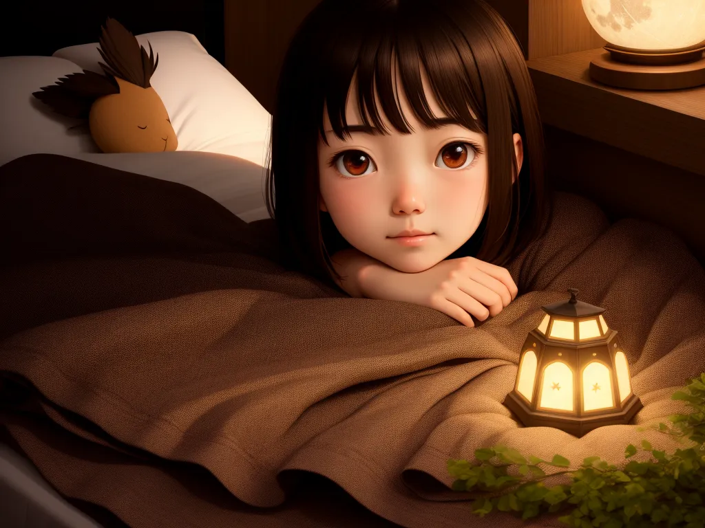 a girl laying in bed with a lamp on the bed next to her and a stuffed animal on the bed, by NHK Animation