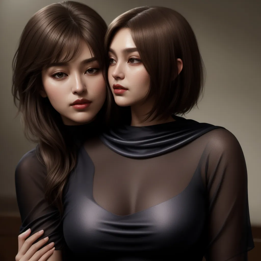 low resolution images - two women are posing for a picture together, one is wearing a sheer top and the other is wearing a black top, by Chen Daofu