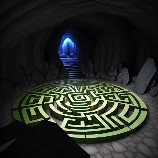 a maze in a cave with a person walking through it and a light at the end of the tunnel, by M.C. Escher