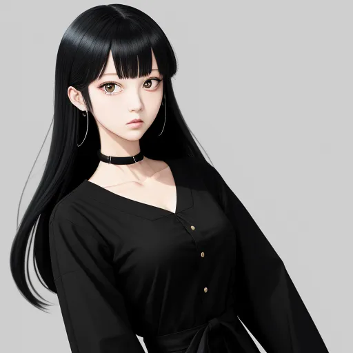 a woman with long black hair wearing a black shirt and a choker necklace with a black collar and a black choker, by Taiyō Matsumoto