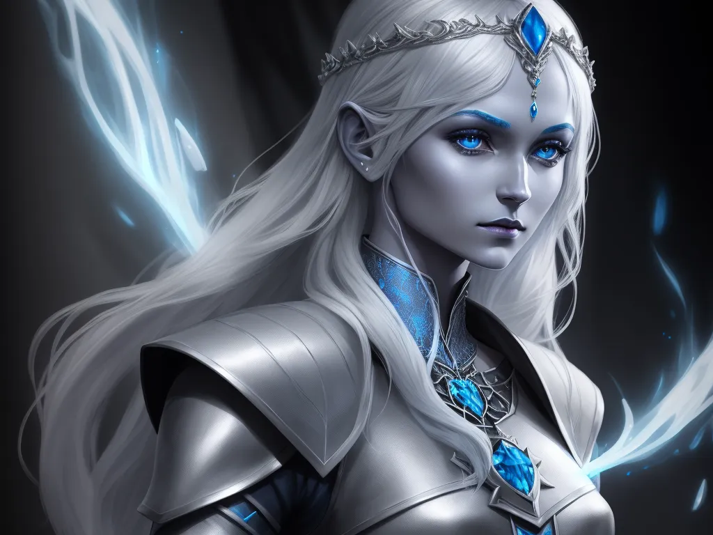 change pictures: 1 solo female drow cleric, silver and blue