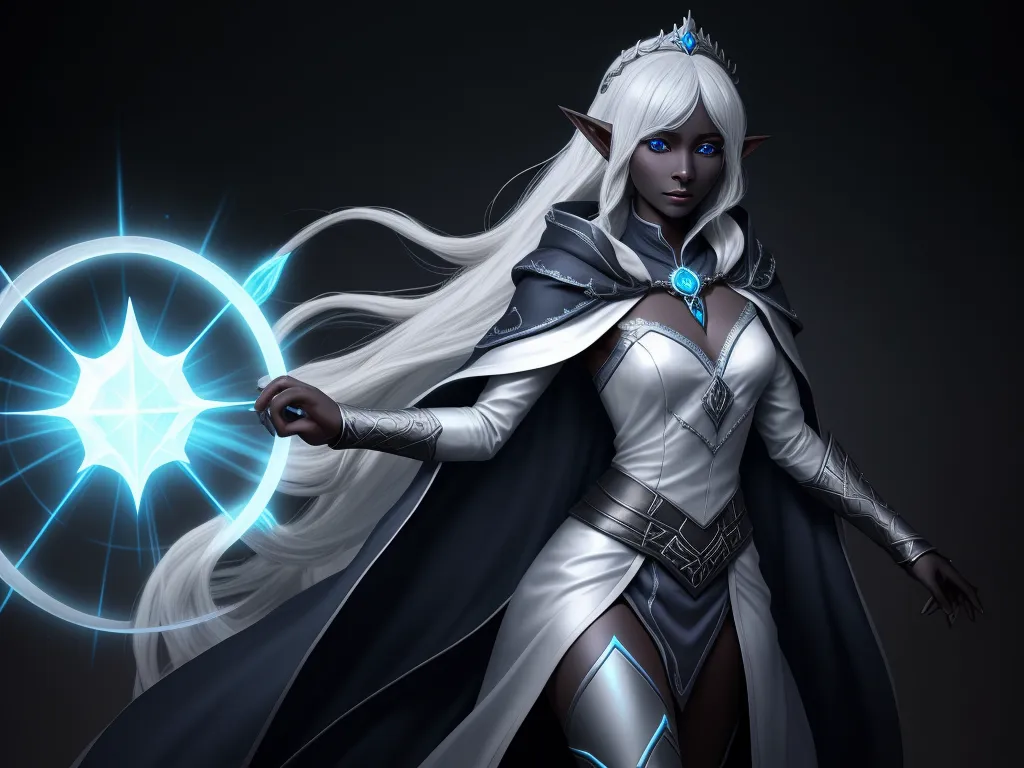 turn a picture into high resolution - a woman dressed in white and blue with a star in her hand and a black cloak on her shoulders, by Lois van Baarle