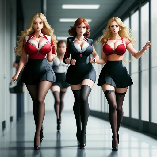 4k photo converter online - three women in lingerie outfits walking down a hallway together, one in a red bra and the other in a black skirt, by Terada Katsuya