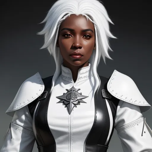 a woman with white hair and black and white outfit with a star on her chest and a black and white jacket, by François Quesnel