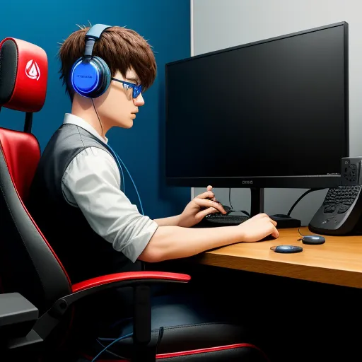 a boy wearing headphones sitting at a computer desk with a monitor and keyboard and headphones on his ears, by Hayao Miyazaki