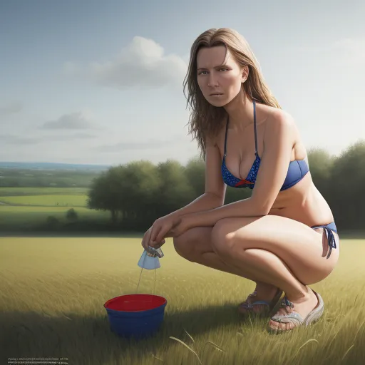convert photo to 4k online - a painting of a woman in a bikini holding a bucket of water in a field of grass with a sky background, by Daniela Uhlig