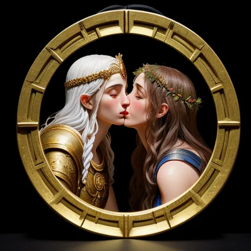 ai image maker - a couple of women kissing in a golden frame with a black background and a black background behind them, with a gold frame with a picture of two women kissing, by Kent Monkman