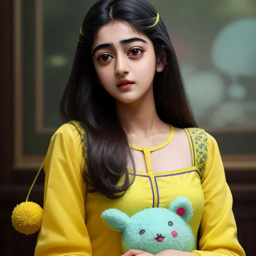 free online ai image generator from text - a young woman holding a stuffed animal in her hands and a yellow shirt on her shoulders and a yellow pom pom on her head, by Liu Ye