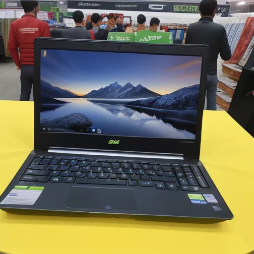 a laptop computer sitting on top of a yellow table in a store with people looking at it and a yellow table, by Toei Animations