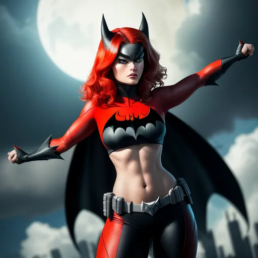 a woman dressed as a batgirl with red hair and horns on her head and arms outstretched in front of a full moon, by François Quesnel