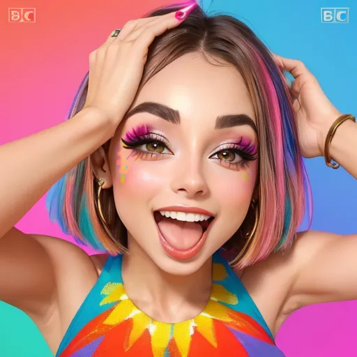 enlarge image - a woman with bright makeup and a colorful dress on her face and hands on her head, with a pink and blue background, by Lisa Frank