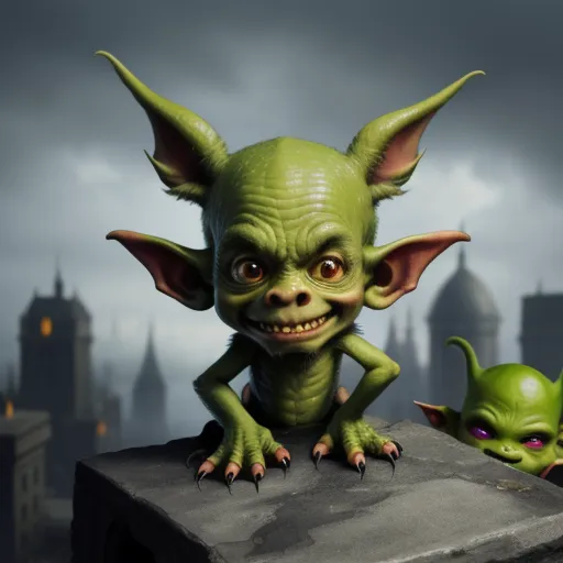 text to.image ai - a green creature with big ears and big eyes sitting on a ledge with two smaller green creatures in the background, by Hendrick Goudt