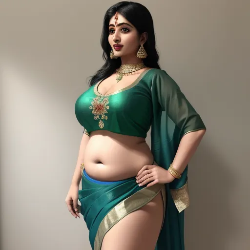 a woman in a green sari and gold jewelry poses for a picture in a pose with her belly exposed, by Raja Ravi Varma