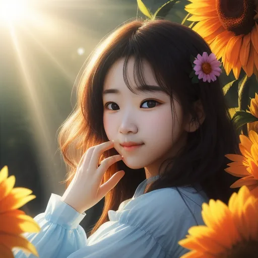 low res image to high res - a young girl standing in a field of sunflowers with her hand on her face and her hand on her cheek, by Chen Daofu