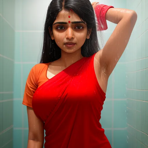 best online ai image generator - a woman in a red sari is standing in a shower stall with her hair in the air and her hand on her head, by Raja Ravi Varma