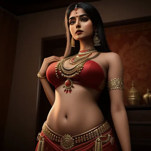 a woman in a red and gold outfit with a necklace and earrings on her head and chest, standing in a room, by Raja Ravi Varma