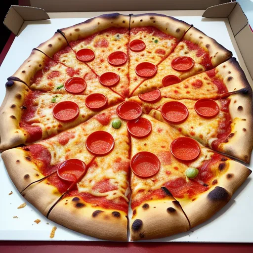 convert photo into 4k - a pizza with pepperoni and olives in a box on a table top with a red table cloth, by Vito Acconci