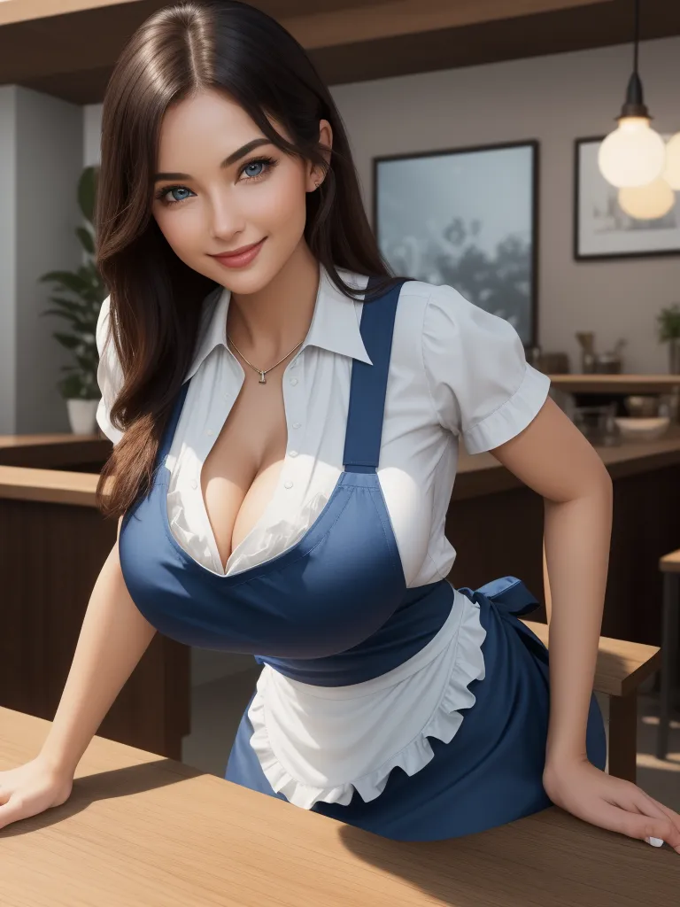 make any photo hd - a woman in a blue and white dress posing for a picture in a restaurant with a wooden table and chairs, by Terada Katsuya