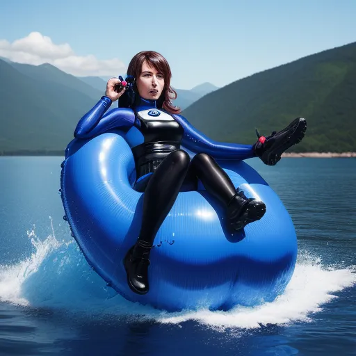 a woman in a wet suit is floating on a raft in the water with mountains in the background and a blue body of water, by Terada Katsuya