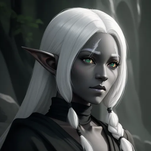 a white haired elf with green eyes and a braid in her hair is staring into the distance in a dark forest, by Daniela Uhlig