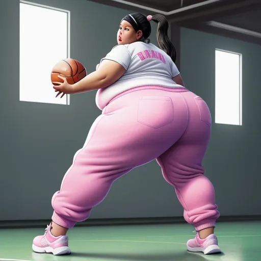 a woman in pink pants holding a basketball in a gym area with windows and a basketball on the floor, by Botero