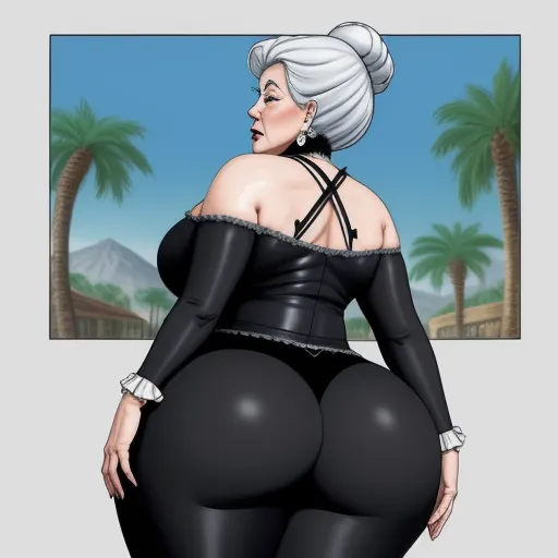 a cartoon of a woman in a black dress and heels with her butt exposed, and a large breast, by Botero