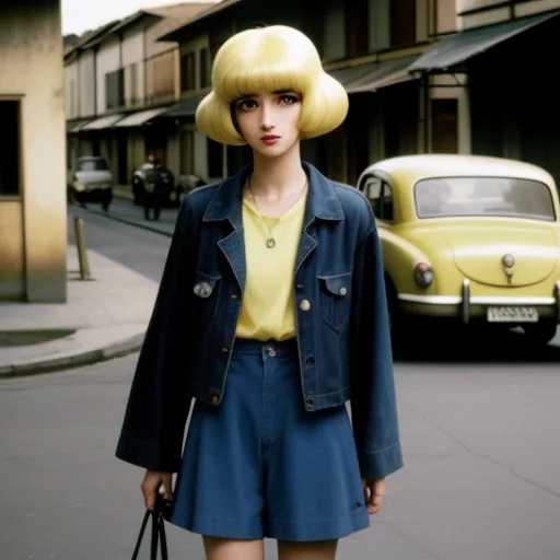 a woman with a bag and a yellow shirt and a blue jacket and a yellow shirt and a yellow car, by Joel Meyerowitz
