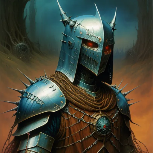 a painting of a knight with spiked horns and a helmet on his head and a chain around his neck, by Wayne Barlowe