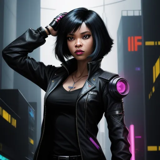 a woman in a black leather jacket and a futuristic city background with neon lights and a pink light on her arm, by Lois van Baarle
