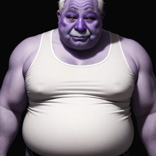 a man with a big belly and a purple mask on his face and chest, with a white shirt on, by Pixar Concept Artists