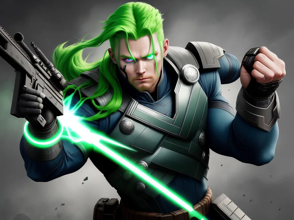 picture converter - a man with green hair holding a gun and a green light saber in his hand and a black background, by theCHAMBA