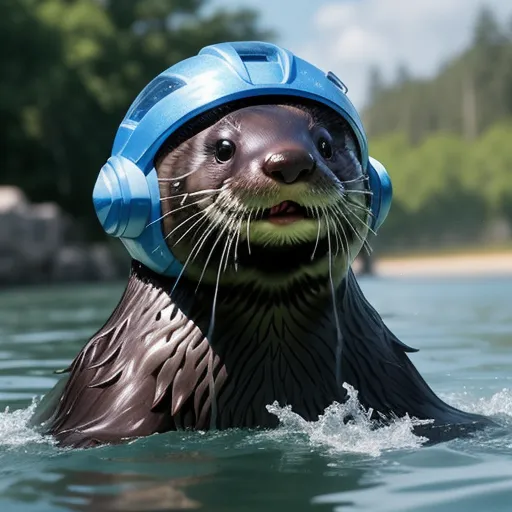 a sea otter wearing a blue helmet and swimming in the water with its mouth open and tongue out,, by Terada Katsuya