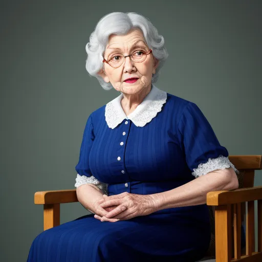 ai based photo enhancer - a woman in a blue dress sitting on a wooden chair with her hands folded out and looking at the camera, by Alex Prager