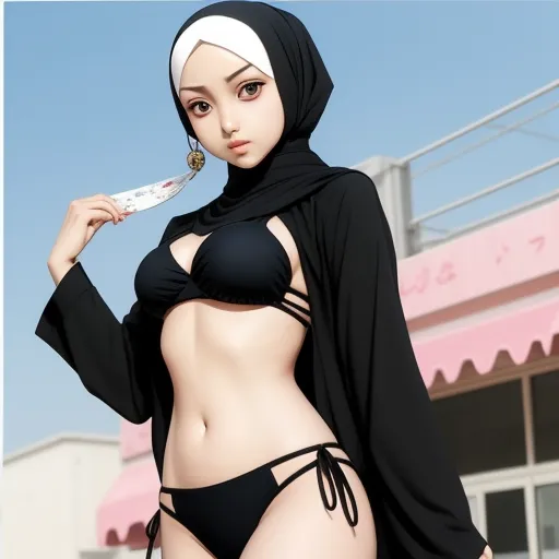 a woman in a bikini and head scarf holding a knife in her hand and wearing a black outfit with a white head scarf, by Sailor Moon