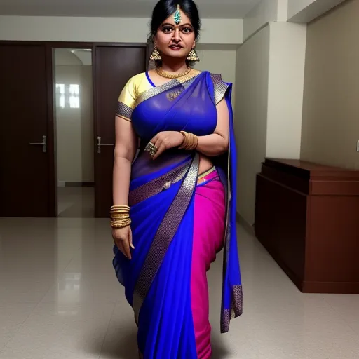 free ai photo enhancer software - a woman in a blue and pink sari is standing in a hallway with a brown door and a brown cabinet, by Raja Ravi Varma