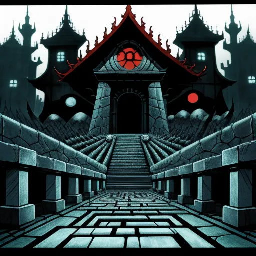 a cartoon of a building with a red light in the middle of it's roof and stairs leading up to it, by Tim Doyle